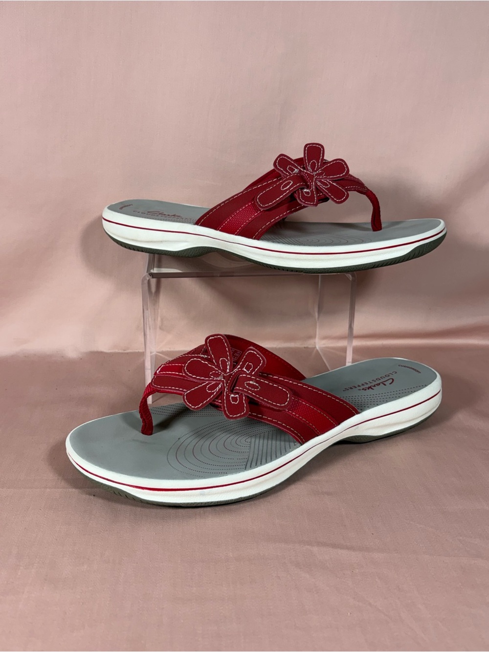 Clarks Cloudsteppers Brinkley Floral Cherry Red Flip Flop Sandals W's 9 M